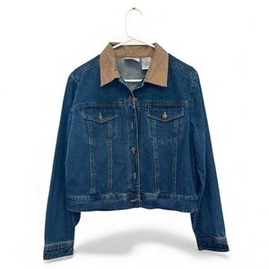Vintage Y2K Era Studio Ease Blue Denim Jacket with Brown Collar Size 6